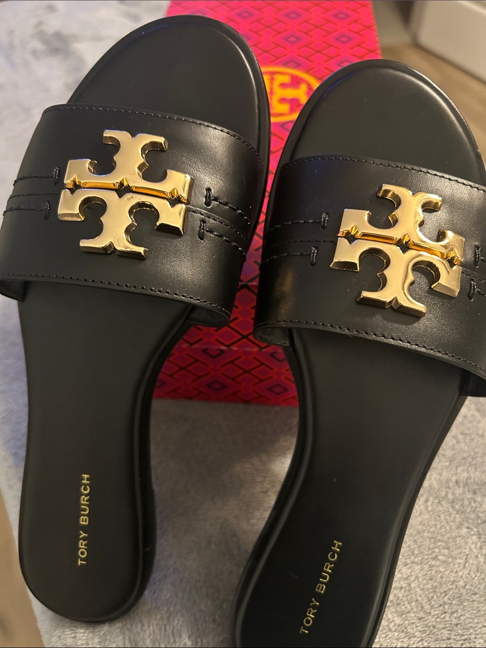 Tory Burch Black Leather Slides with Gold Logo Hardware